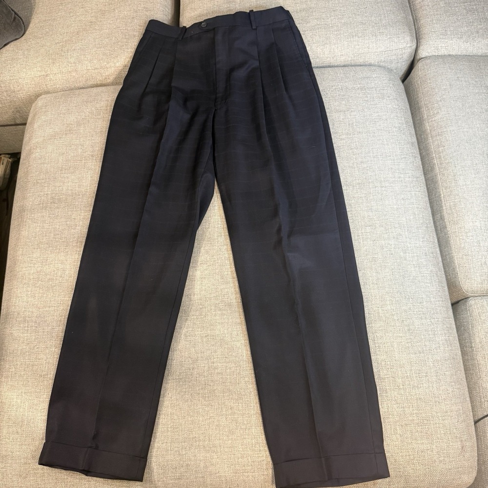 Linea Uomo Wool Dress Pants Mens 34x30 Navy Pleated Cuffed Career Trousers